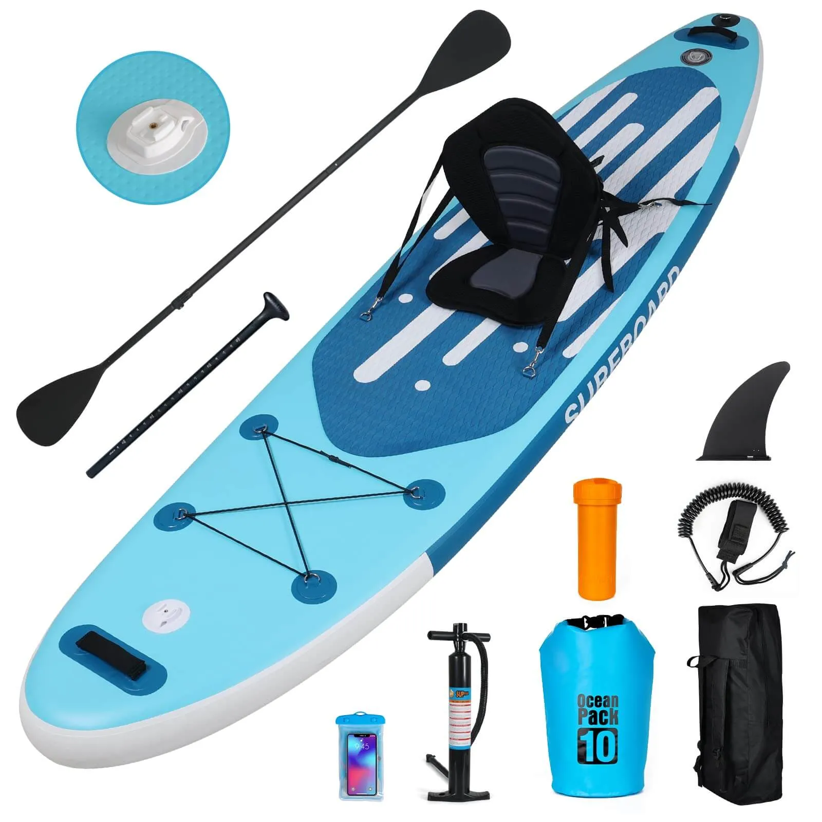 11 Ft Inflatable Stand Up Paddle Board with Kayak Seat Backpack,Blue