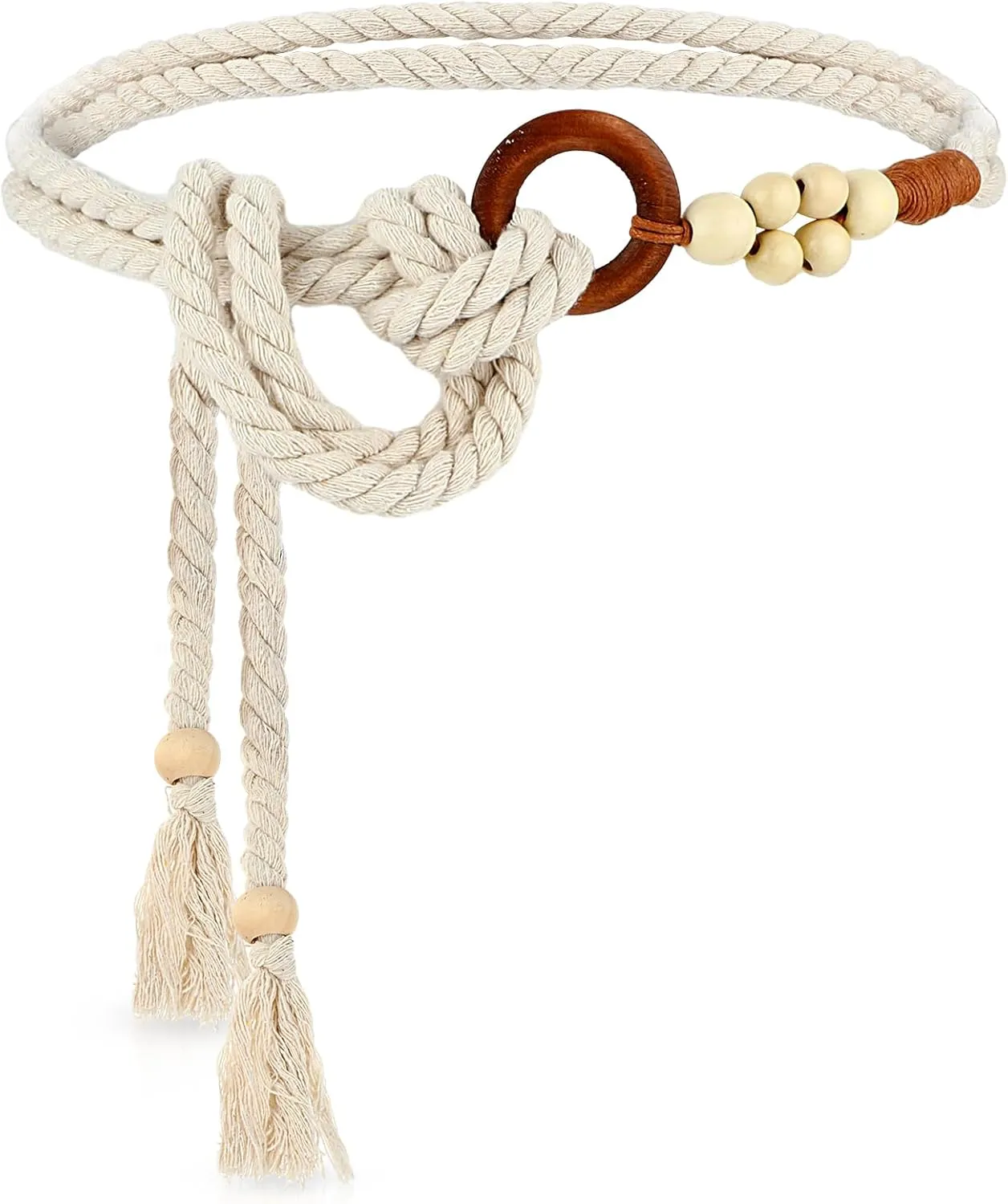 Women's Tassel Braided Waist Belt, Skinny Woven Belt for Dress Waist Belt Rope Chain with Woven Wooden Beads