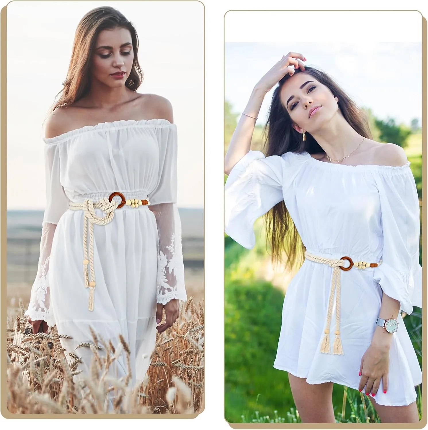 Women's Tassel Braided Waist Belt, Skinny Woven Belt for Dress Waist Belt Rope Chain with Woven Wooden Beads