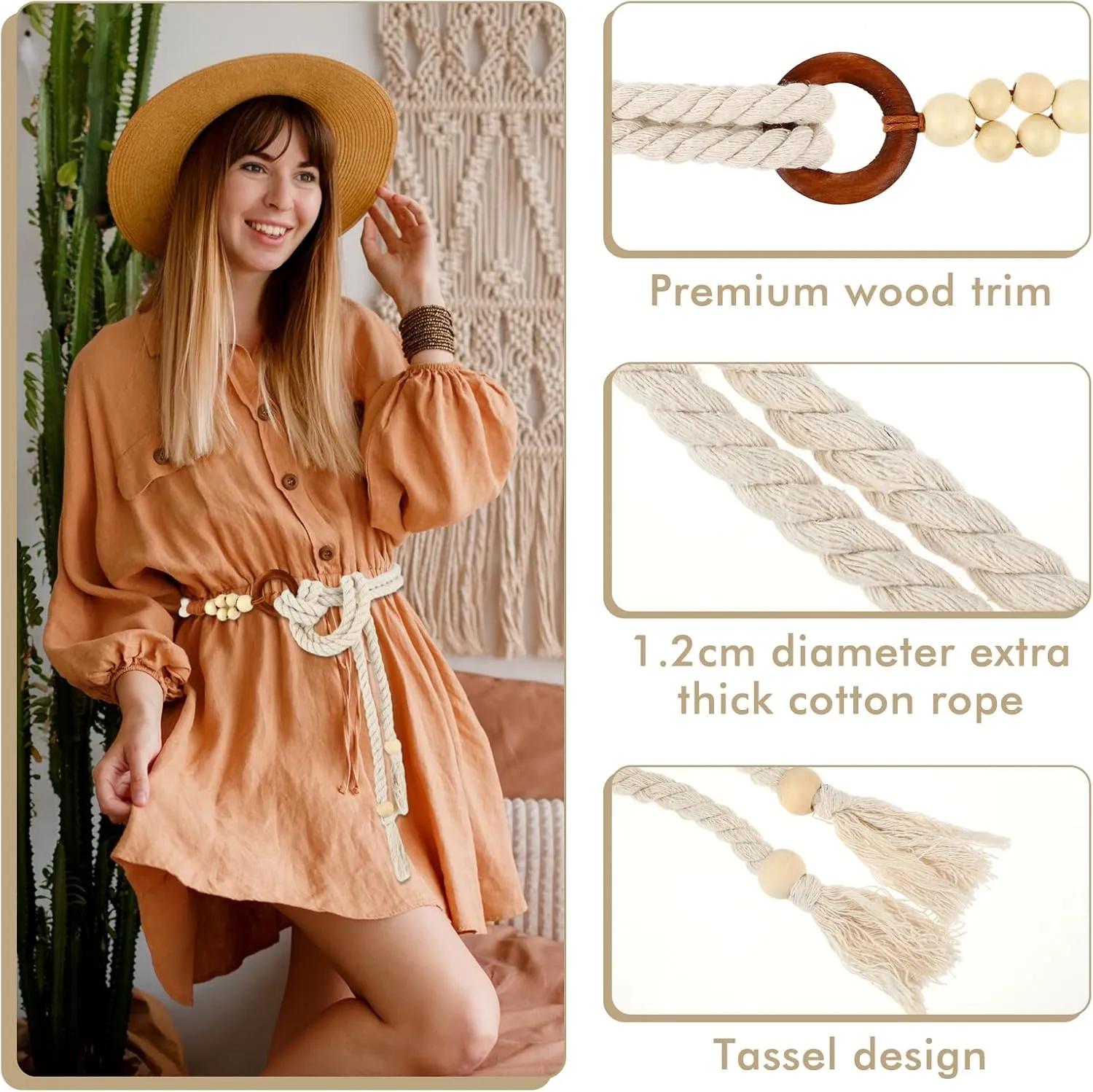 Women's Tassel Braided Waist Belt, Skinny Woven Belt for Dress Waist Belt Rope Chain with Woven Wooden Beads